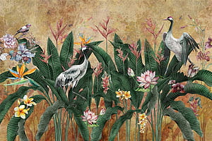 Adawall Store In Houston Yellow Jungle Birds , Nature Forest Tropical Theme Wall Mural, Extra Large Customizable, Non Adhesive, Removable Wall Paper, Leaves Flower, HD wallpaper