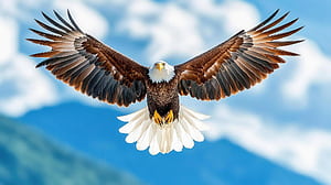 Majestic Bald Eagle in Flight Wings Spread Wide Against a Blue Sky and Mountain Background, HD wallpaper