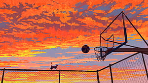 Sunset Hoops With Cat Silhouette, sunset, silhouette, cat, artist, artwork, digital-art, pixiv, HD wallpaper
