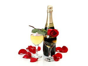 red, wine, glass, bottle, roses, petals, white background, champagne for mobile and , section цветы, resolution, HD wallpaper
