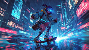 Cyberpunk Anime Girl Skateboarding Through The Future, cyberpunk, anime-girl, skateboard, future, artist, artwork, art, digital-art, ai, deviantart, HD wallpaper