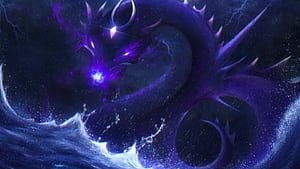 dragon, art, neon, waves, dark u 16:9 background, Blue Neon Dragon, HD wallpaper