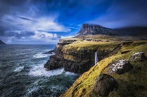 faroe, Islands, North, Atlantic, Landscape, Waterfall, Ocean, Sea, Cliff, Coast / and Mobile Background, HD wallpaper