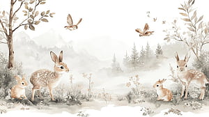 Forest Animals Mural . Enchanted Woodland with Bunnies and Birds, HD wallpaper