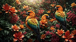 Colorful Birds, bird, colorful, flower, jungle, tree, HD wallpaper