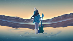 Girl With Guitar Against Horizon Sunrise, girl, guitar, horizon, sunrise, artist, artwork, art, digital-art, ai, pixiv, HD wallpaper