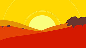 Minimalist Bold Yellow Red Sunrise Over Flat Landscape With Trees, minimalist, yellow, red, sunrise, landscape, trees, artist, artwork, art, digital-art, deviantart, HD wallpaper