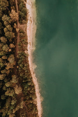 Aerial view of green and brown land near body of water during daytime, phone, Sea and Land, HD phone wallpaper