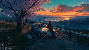 Anime Boy With Nissan Gtr On Mountain Peak, anime-boy, nissan-gtr, mountain, peak, tree, sunset, sky, city, artist, artwork, art, digital-art, ai, HD wallpaper