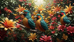 Colorful Birds, bird, colorful, flower, jungle, tree, HD wallpaper
