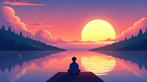 Anime Boy Sitting At Dock Lake Sunset, anime-boy, dock, sunset, clouds, cloud, trees, tree, artist, artwork, art, digital-art, ai, deviantart, HD wallpaper