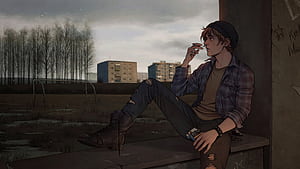 Boy Sitting On Rooftop Overlooking City, alone, boy, rooftop, artist, artwork, art, digital-art, deviantart, HD wallpaper