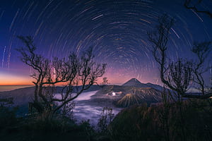 Star Trail Indonesia Night Nature Mount Bromo, HD wallpaper
