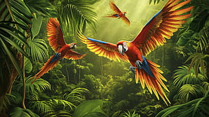 Mural bird. Three parrots in full flight, Jungle Birds, HD wallpaper