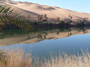 : landscape, water, nature, sand, wilderness, desert, dune, lake, idyllic, reflection, rest, reservoir, plain, bank, grassland, plateau, beautiful, quiet, habitat, mood, waters, idyll, ecosystem, mirroring, sahara, oasis, atmospheric, libya, HD wallpaper