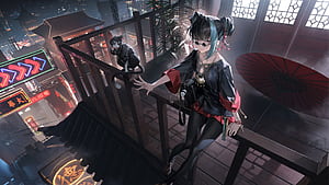 Anime Girl With Cat On Rooftop Balcony, anime, girl, cat, rooftop, balcony, artist, artwork, art, digital-art, ai, pixiv, HD wallpaper