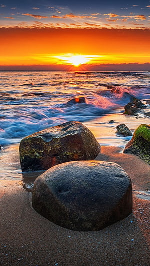 Coast, rocks, sunset, sea, sea waves,, Ocean Rock, HD phone wallpaper