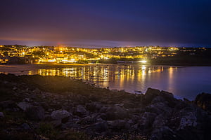 bay, beach, city, cityscape, coastal land, cornwall, dawn, dusk, england, evening, landscape, light, night, ocean, outdoors, reflection, scenery, sea, seashore, st ives, town, travel, water, Land of Dawn, HD wallpaper