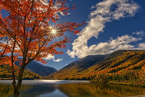 autumn, clouds, trees, mountains, lake, maple, New Hampshire, New Hampshire for mobile and , section пейзажи, resolution, HD wallpaper