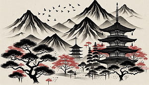Japanese Zen Mural . Temple, Birds, and Mountains in Black a, HD wallpaper
