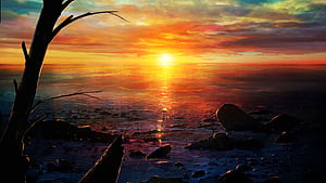 Anime Nature Horizon Sunset Background Anime, Anime Beach Sunset, HD wallpaper