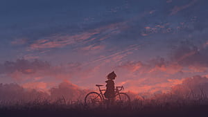 Anime Girl With Bicycle Silhouette At Dramatic Dusk Sky, anime-girl, bicycle, silhouette, dusk, sky, artist, artwork, art, digital-art, pixiv, HD wallpaper