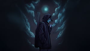 Boy With Cigarette Under Moonlit Clouds, alone, boy, night, clouds, artist, artwork, art, digital-art, deviantart, HD wallpaper