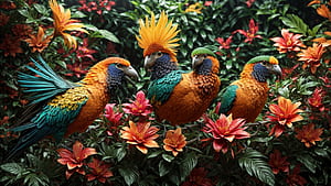 Colorful Birds, bird, colorful, flower, jungle, tree, HD wallpaper