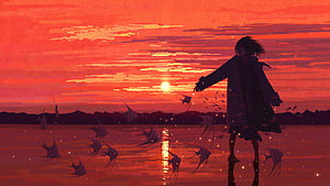 Anime Girl Silhouette At Sunset, anime-girl, anime, artist, artwork, digital-art, pixiv, HD wallpaper