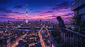 Anime Girl Looking At Violet Hour Tokyo, anime-girl, violet, tokyo, city, purple, sky, tower, artist, artwork, art, digital-art, ai, deviantart, HD wallpaper