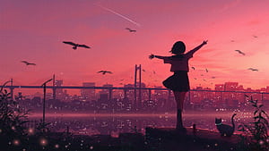 Anime Girl On Rooftop Dancing With Cat City Skyline, anime, girl, rooftop, dancing, cat, city, skyline, artist, artwork, art, digital-art, pixiv, HD wallpaper