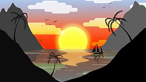 Tropical Sunset Cove, sun, sunset, tree, mountains, artist, artwork, art, digital-art, deviantart, HD wallpaper