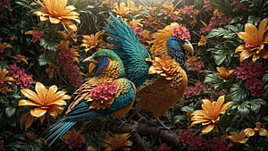 Colorful Birds, bird, colorful, flower, jungle, tree, HD wallpaper