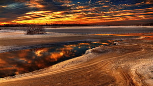 Lake In Desert With Reflection Of Fiery Cloud During Sunset Nature, HD wallpaper