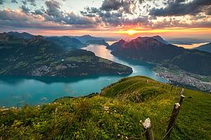 sunset, mountains, lake, Switzerland, Alps, panorama, Switzerland, Alps for mobile and , section пейзажи, resolution, HD wallpaper