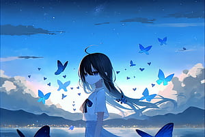 Anime Girl Surrounded By Butterflies, anime, anime-girl, butterfly, artist, artwork, digital-art, HD wallpaper