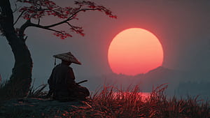 Ronin Samurai At Red Sunset, ronin, samurai, red, sunset, artist, artwork, art, digital-art, ai, deviantart, HD wallpaper