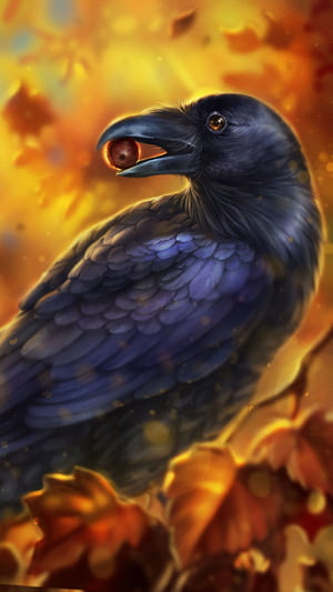 crow, bird, art, beak, acorn, leaves iphone 8+/7+/6s+/for parallax background, Crows, HD phone wallpaper