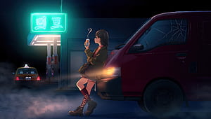 Anime Girl Drinking Cold Drink Can At Late Night Convenience Store, anime-girl, van, alone, night, artist, artwork, art, digital-art, ai, deviantart, HD wallpaper