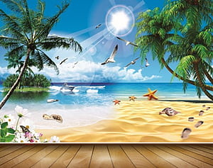 Avikalp MWZ2127 Sea Starfish Shells Trees Flowers Birds Sun Island Bea, HD wallpaper