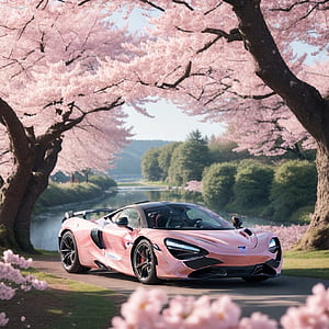 Mclaren 720S Pink Car Print Cherry Blossom Scenery Car Wall Art Realistic Luxury Supercar Digital Car Art Bright Nature Drive Digital Print, HD phone wallpaper