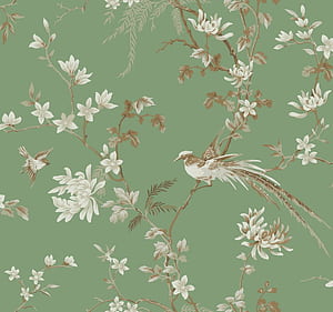 Ronald Redding 24 Karat Bird & Blossom Chinoiserie, Green Birds, HD wallpaper