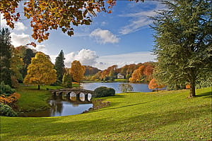 autumn, trees, bridge, lake, Park, England, England, Wiltshire for mobile and , section пейзажи, resolution, HD wallpaper