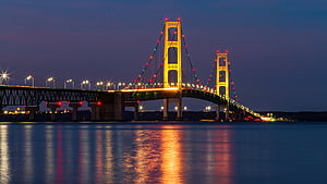 night, bridge, lights, river, lights, USA, Michigan, Mackinac Bridge for mobile and , section город, resolution, HD wallpaper