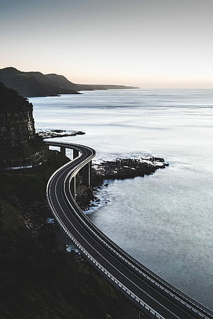 bird, eye view, curved, road, bridge, beach, mountain, ocean, Eye In The Sky, HD phone wallpaper