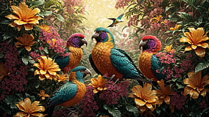 Colorful Birds, bird, colorful, flower, jungle, tree, HD wallpaper