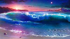 Beach Waves Sunset Scenery Anime, HD wallpaper
