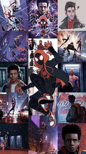 Spider Verse Collage, black, black kid, cartoon, entertainment, spider man, spider verse, phone, Miles Morales Collage, HD phone wallpaper