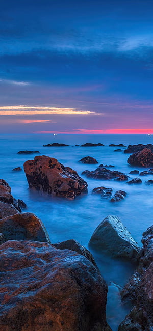 Rocky shore , Beach, Dusk, Ocean, Sunset, HD phone wallpaper